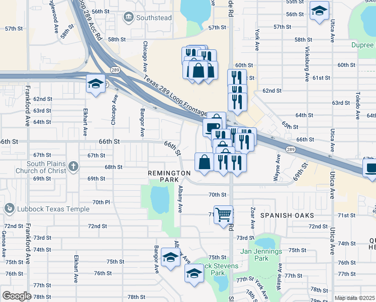 map of restaurants, bars, coffee shops, grocery stores, and more near 6539 Albany Avenue in Lubbock
