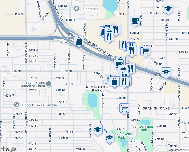 map of restaurants, bars, coffee shops, grocery stores, and more near 5301 66th Street in Lubbock