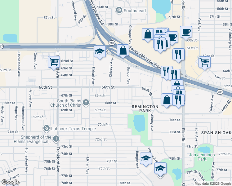 map of restaurants, bars, coffee shops, grocery stores, and more near 6603 Brentwood Avenue in Lubbock