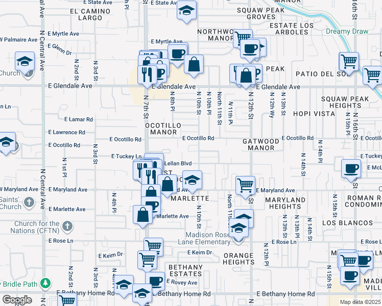 map of restaurants, bars, coffee shops, grocery stores, and more near 906 East Tuckey Lane in Phoenix