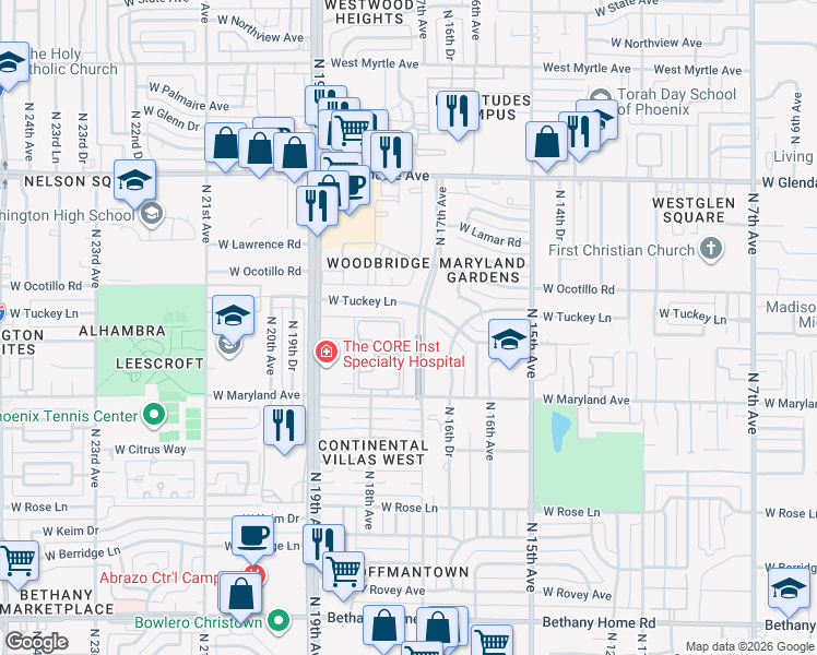 map of restaurants, bars, coffee shops, grocery stores, and more near 1701 West Tuckey Lane in Phoenix