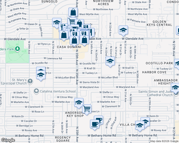 map of restaurants, bars, coffee shops, grocery stores, and more near 3415 West Krall Street in Phoenix