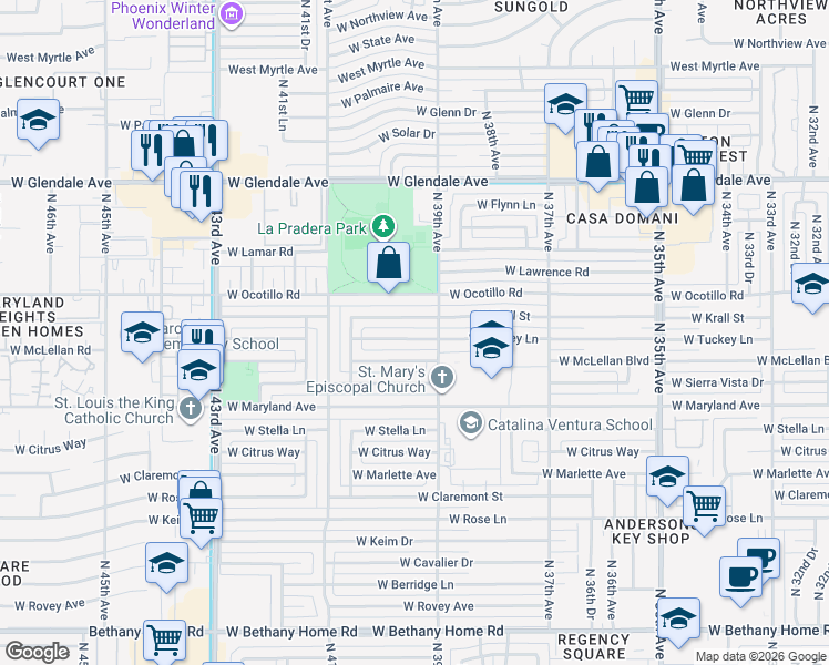 map of restaurants, bars, coffee shops, grocery stores, and more near 3937 West Krall Street in Phoenix