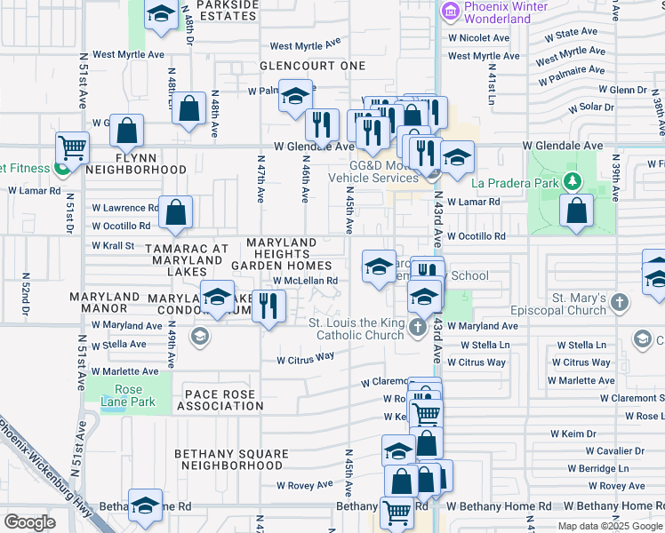 map of restaurants, bars, coffee shops, grocery stores, and more near 4529 West Ocotillo Road in Glendale