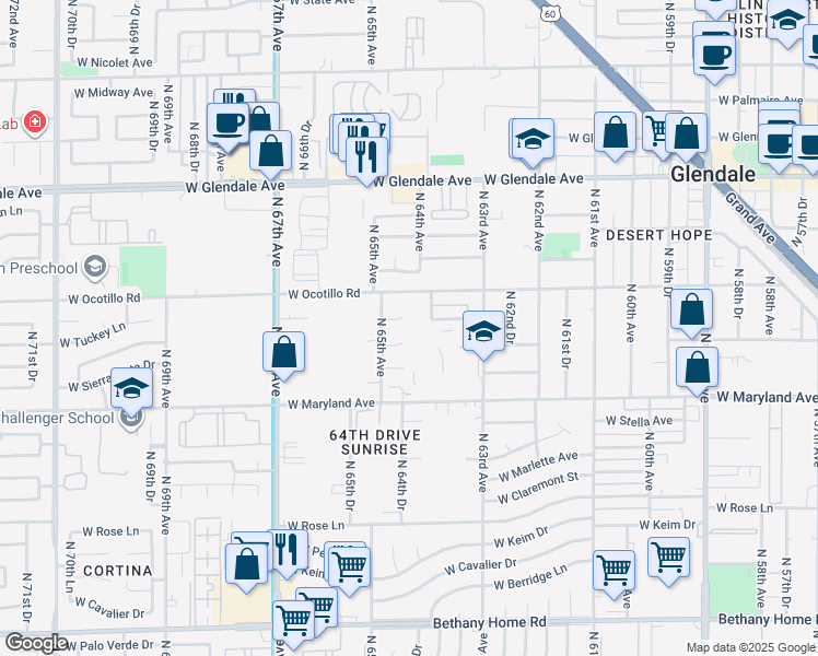 map of restaurants, bars, coffee shops, grocery stores, and more near 6625 North 65th Avenue in Glendale