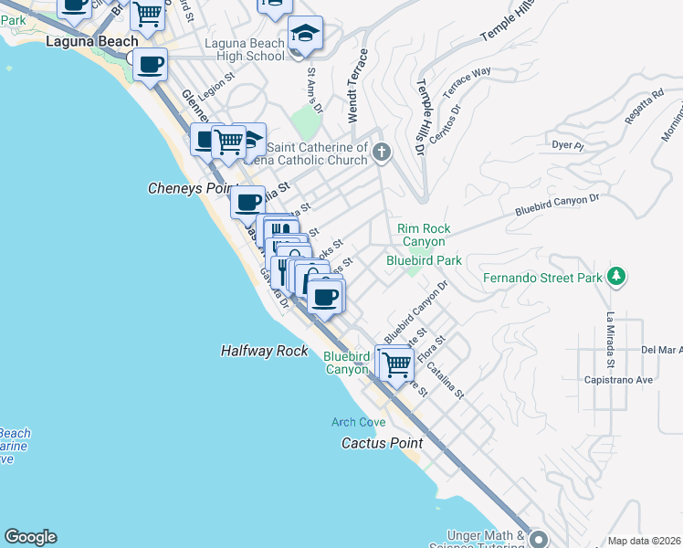 map of restaurants, bars, coffee shops, grocery stores, and more near 435 Cress Street in Laguna Beach