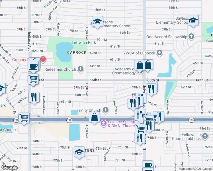map of restaurants, bars, coffee shops, grocery stores, and more near 2805 66th Street in Lubbock