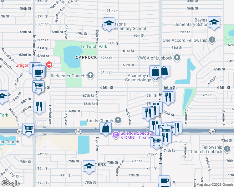 map of restaurants, bars, coffee shops, grocery stores, and more near 2819 66th Street in Lubbock