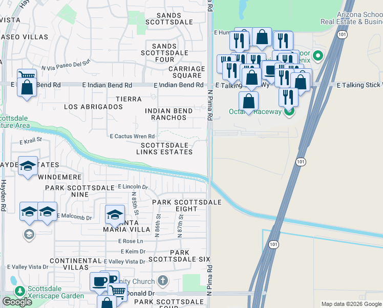 map of restaurants, bars, coffee shops, grocery stores, and more near 8735 East Tuckey Lane in Scottsdale