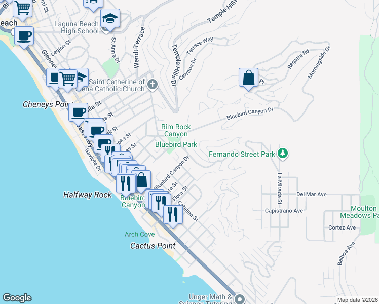 map of restaurants, bars, coffee shops, grocery stores, and more near 918 Van Dyke Drive in Laguna Beach