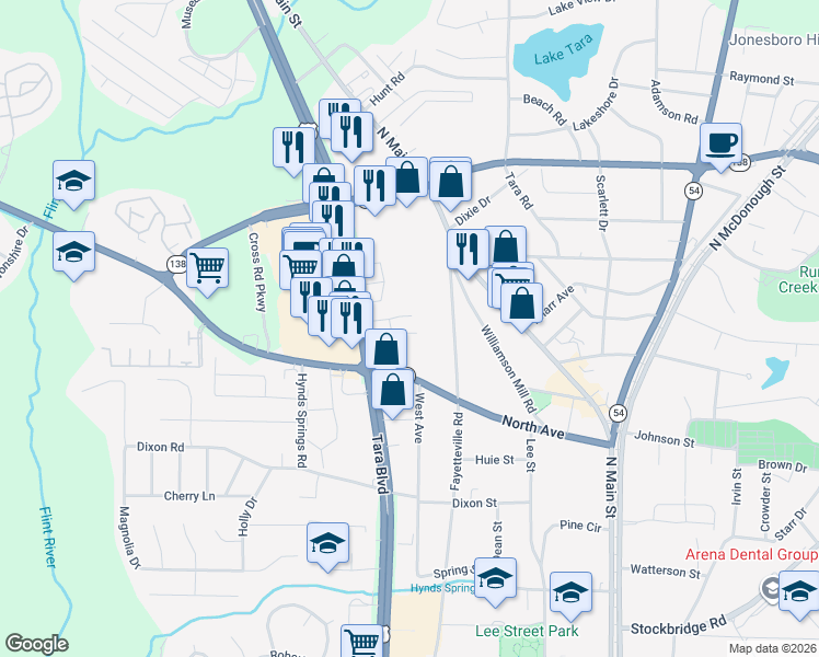 map of restaurants, bars, coffee shops, grocery stores, and more near 8050 Tara Boulevard in Jonesboro