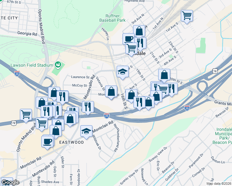 map of restaurants, bars, coffee shops, grocery stores, and more near 234 15th Street South in Irondale