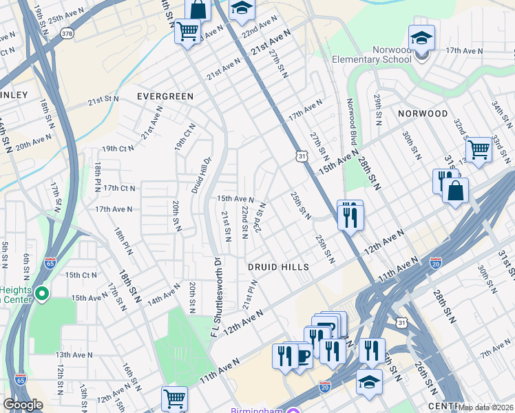 map of restaurants, bars, coffee shops, grocery stores, and more near 2212 15th Avenue North in Birmingham
