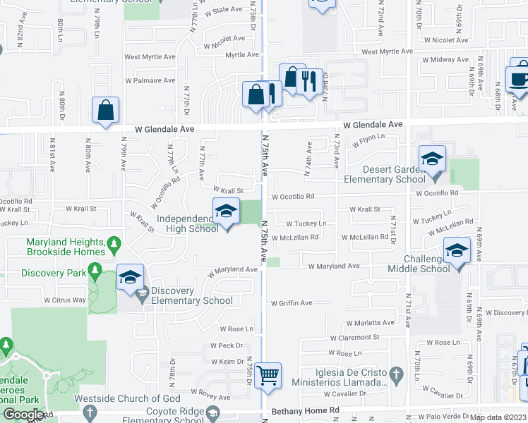 map of restaurants, bars, coffee shops, grocery stores, and more near 6710 North 75th Avenue in Glendale
