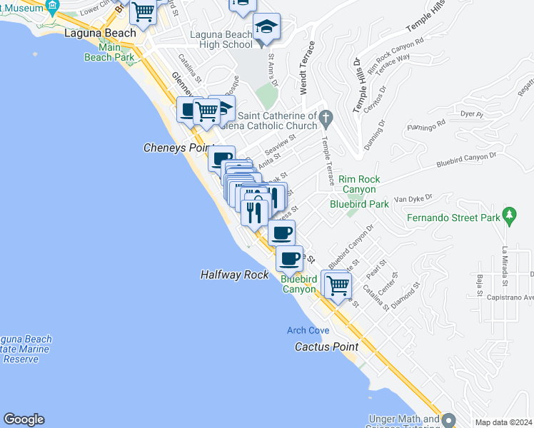 map of restaurants, bars, coffee shops, grocery stores, and more near 1208 Glenneyre Street in Laguna Beach