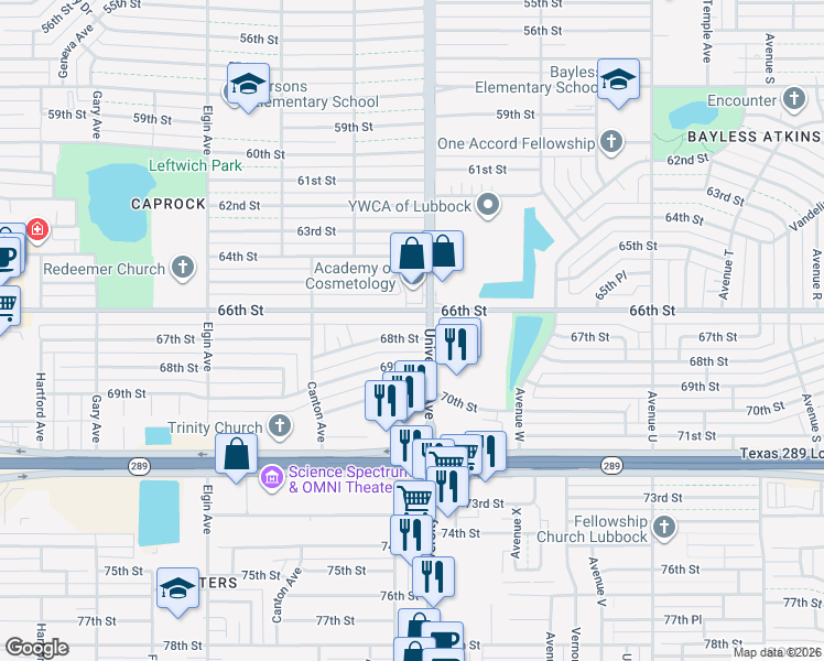map of restaurants, bars, coffee shops, grocery stores, and more near 2503 66th Street in Lubbock