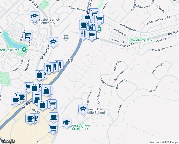 map of restaurants, bars, coffee shops, grocery stores, and more near 27546 Senna Court in Temecula