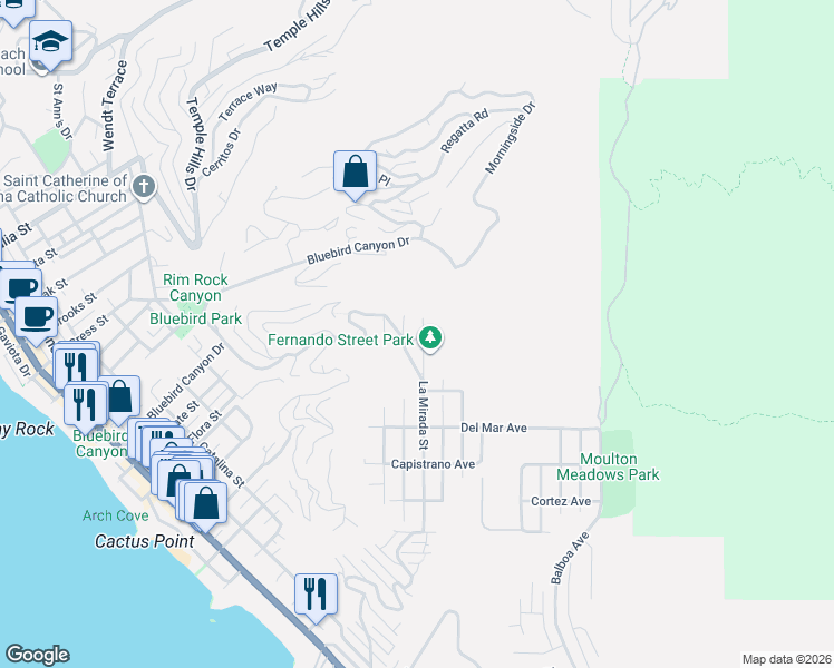 map of restaurants, bars, coffee shops, grocery stores, and more near 1366 La Mirada Street in Laguna Beach