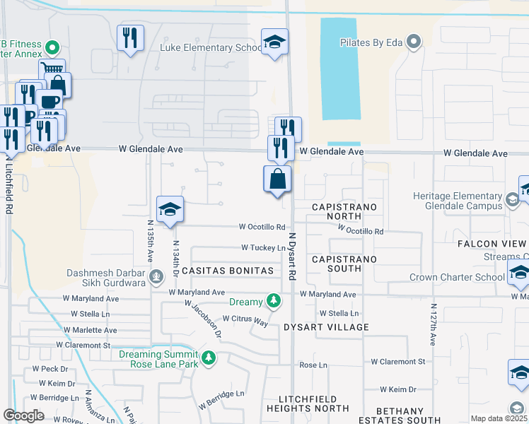 map of restaurants, bars, coffee shops, grocery stores, and more near 6706 North Dysart Road in Glendale