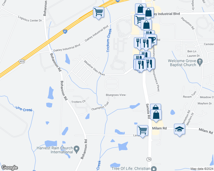 map of restaurants, bars, coffee shops, grocery stores, and more near 3020 Meadow Glen Pass in Fairburn