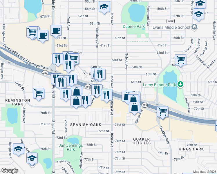 map of restaurants, bars, coffee shops, grocery stores, and more near 4802 South Loop 289 in Lubbock