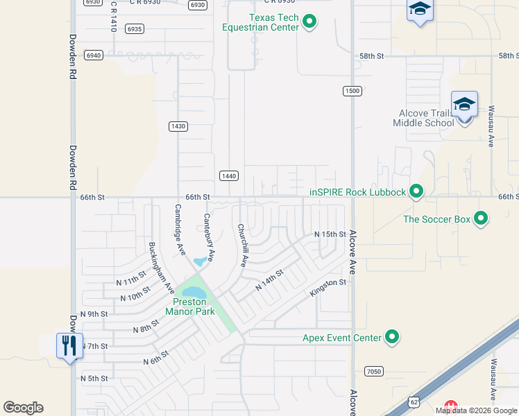 map of restaurants, bars, coffee shops, grocery stores, and more near 7915-7929 66th Street in Lubbock