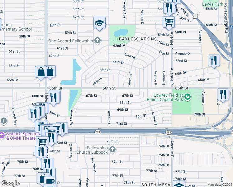 map of restaurants, bars, coffee shops, grocery stores, and more near 1930 67th Street in Lubbock