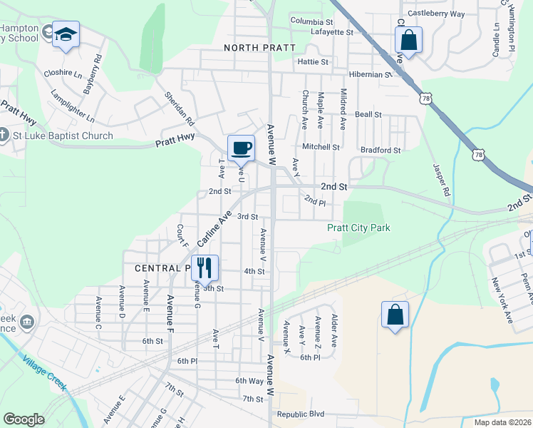 map of restaurants, bars, coffee shops, grocery stores, and more near 216 Avenue V in Birmingham