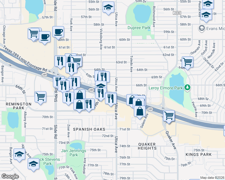 map of restaurants, bars, coffee shops, grocery stores, and more near 4802 South Loop 289 in Lubbock