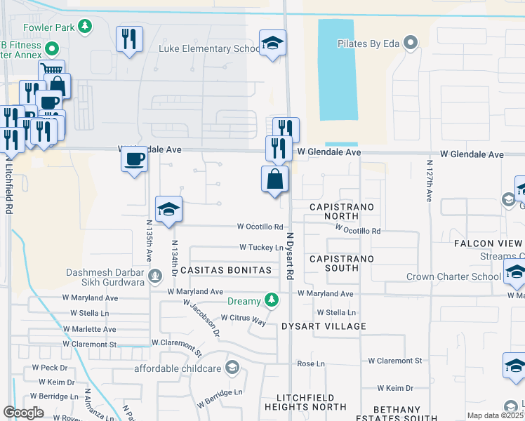 map of restaurants, bars, coffee shops, grocery stores, and more near 6706 North Dysart Road in Glendale