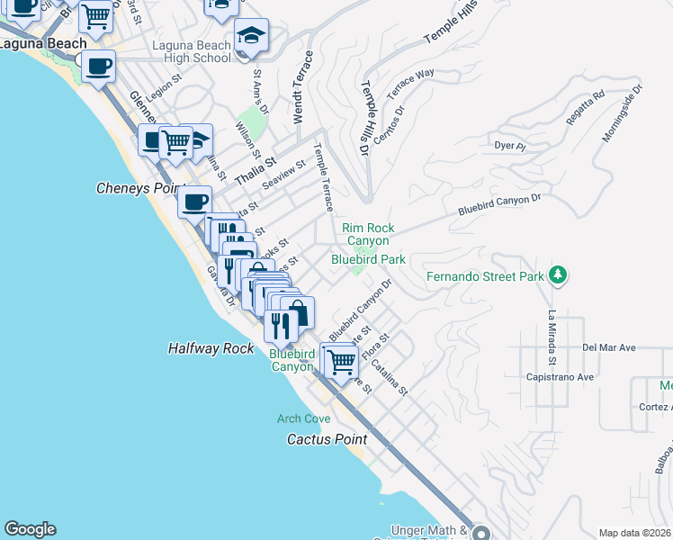 map of restaurants, bars, coffee shops, grocery stores, and more near 1473 Santa Cruz Street in Laguna Beach