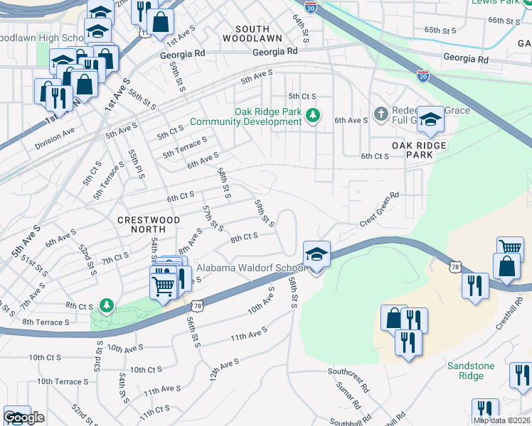 map of restaurants, bars, coffee shops, grocery stores, and more near 713 59th Street South in Birmingham