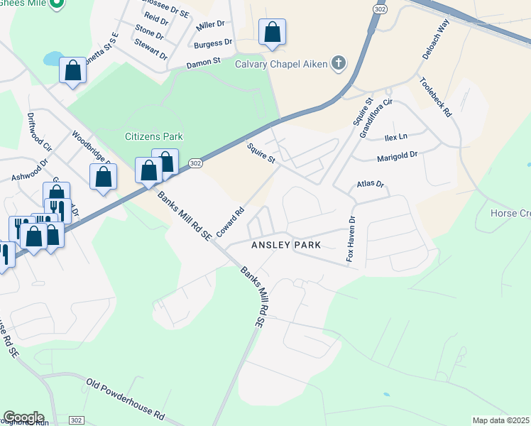 map of restaurants, bars, coffee shops, grocery stores, and more near 190 Satomi Way in Aiken