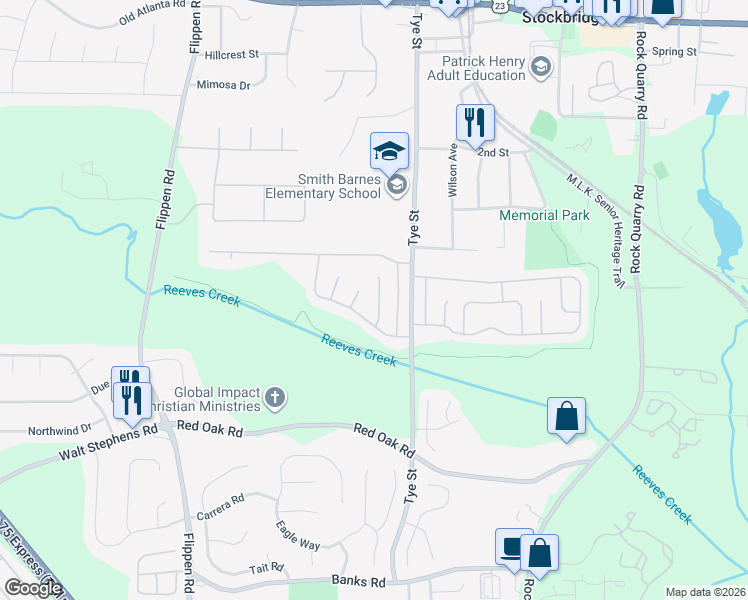 map of restaurants, bars, coffee shops, grocery stores, and more near 413 Tina Hely Court in Stockbridge
