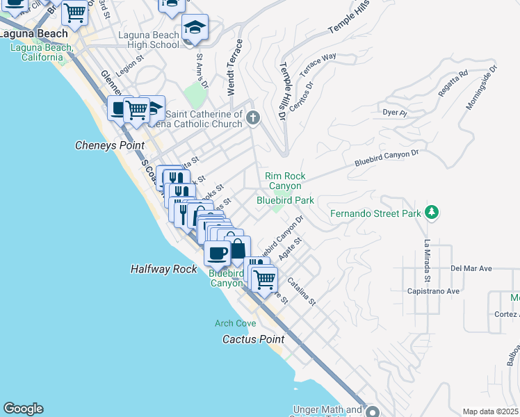 map of restaurants, bars, coffee shops, grocery stores, and more near 1466 Randall Way in Laguna Beach