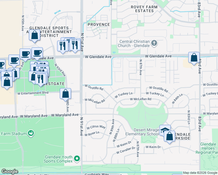 map of restaurants, bars, coffee shops, grocery stores, and more near 6766 North 89th Avenue in Glendale