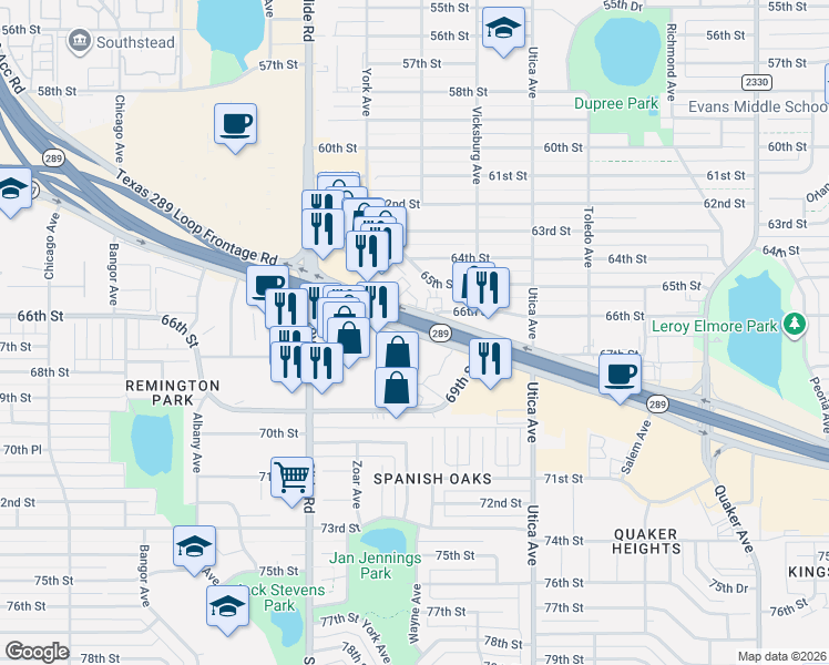 map of restaurants, bars, coffee shops, grocery stores, and more near Wayne Avenue in Lubbock