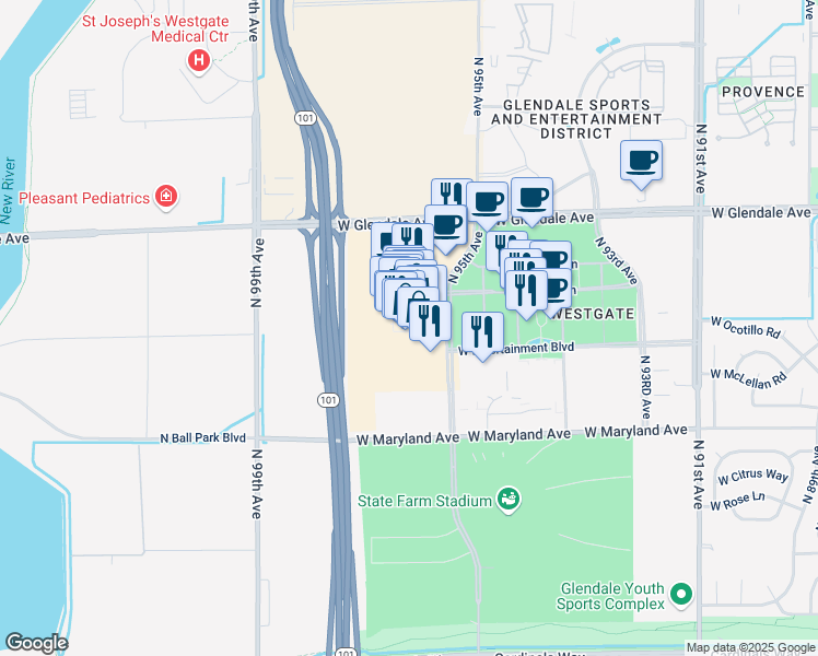 map of restaurants, bars, coffee shops, grocery stores, and more near 6800 North 95th Avenue in Glendale