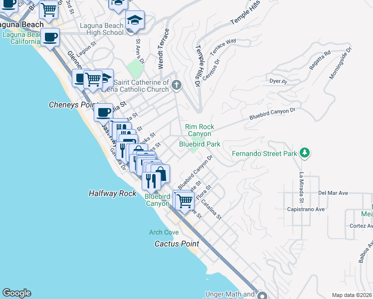 map of restaurants, bars, coffee shops, grocery stores, and more near 1481 Santa Cruz Street in Laguna Beach