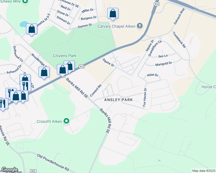 map of restaurants, bars, coffee shops, grocery stores, and more near 184 Satomi Way in Aiken