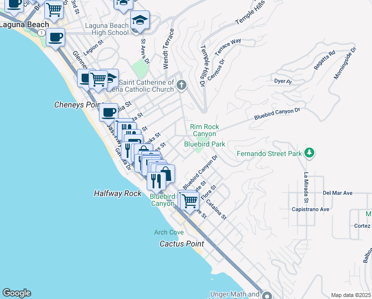 map of restaurants, bars, coffee shops, grocery stores, and more near 1466 Randall Way in Laguna Beach