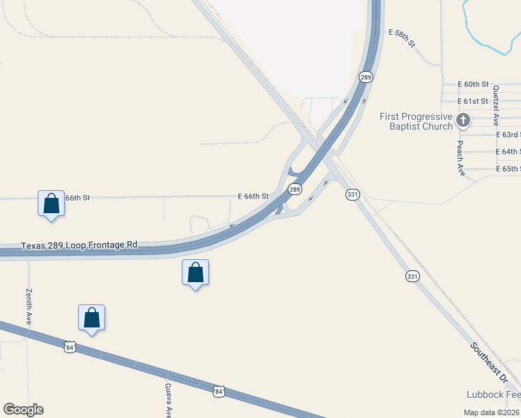 map of restaurants, bars, coffee shops, grocery stores, and more near Texas 289 Loop Frontage in Lubbock