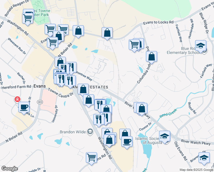 map of restaurants, bars, coffee shops, grocery stores, and more near 516 Rountree Way in Evans