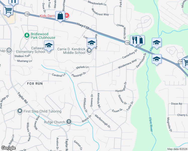 map of restaurants, bars, coffee shops, grocery stores, and more near 8079 Kendrick Road in Jonesboro