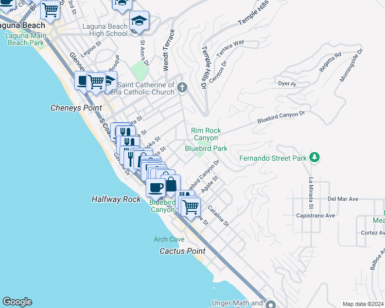 map of restaurants, bars, coffee shops, grocery stores, and more near 1481 Santa Cruz Street in Laguna Beach