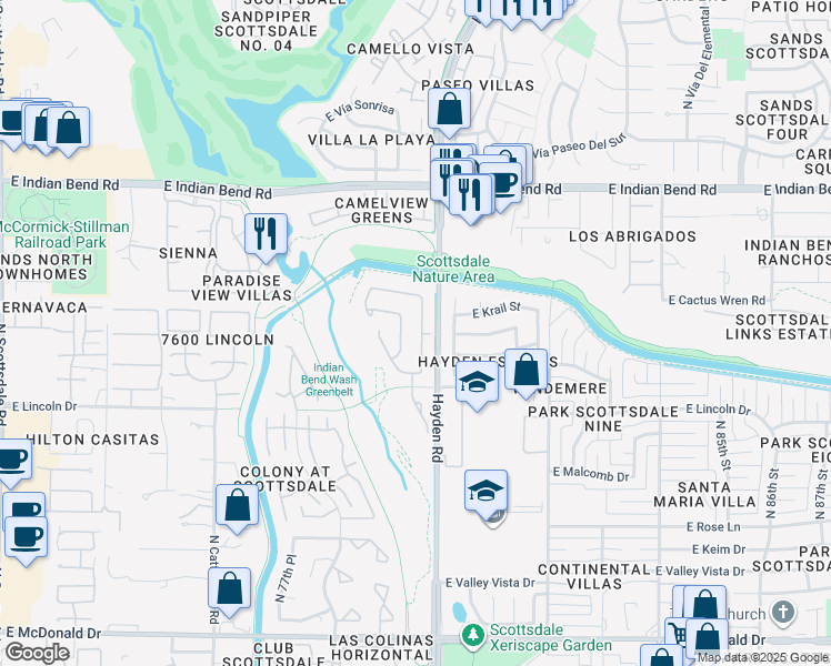 map of restaurants, bars, coffee shops, grocery stores, and more near 6624 North 79th Place in Scottsdale