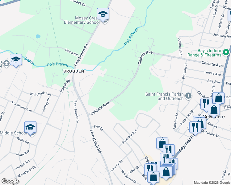 map of restaurants, bars, coffee shops, grocery stores, and more near 640 Celeste Avenue in North Augusta