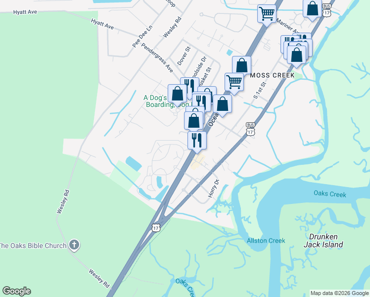 map of restaurants, bars, coffee shops, grocery stores, and more near 10 Acorn Court in Murrells Inlet