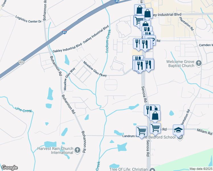 map of restaurants, bars, coffee shops, grocery stores, and more near 3017 Meadow Glen Pass in Fairburn