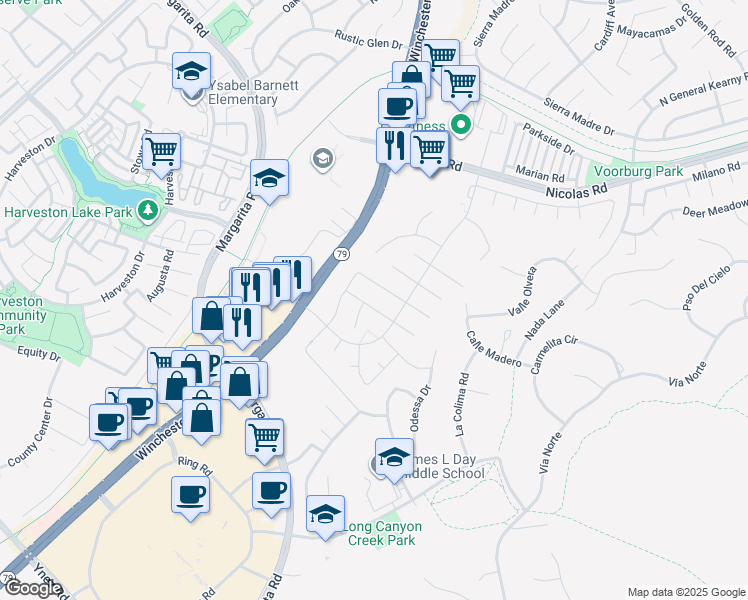 map of restaurants, bars, coffee shops, grocery stores, and more near 27472 Swallow Court in Temecula